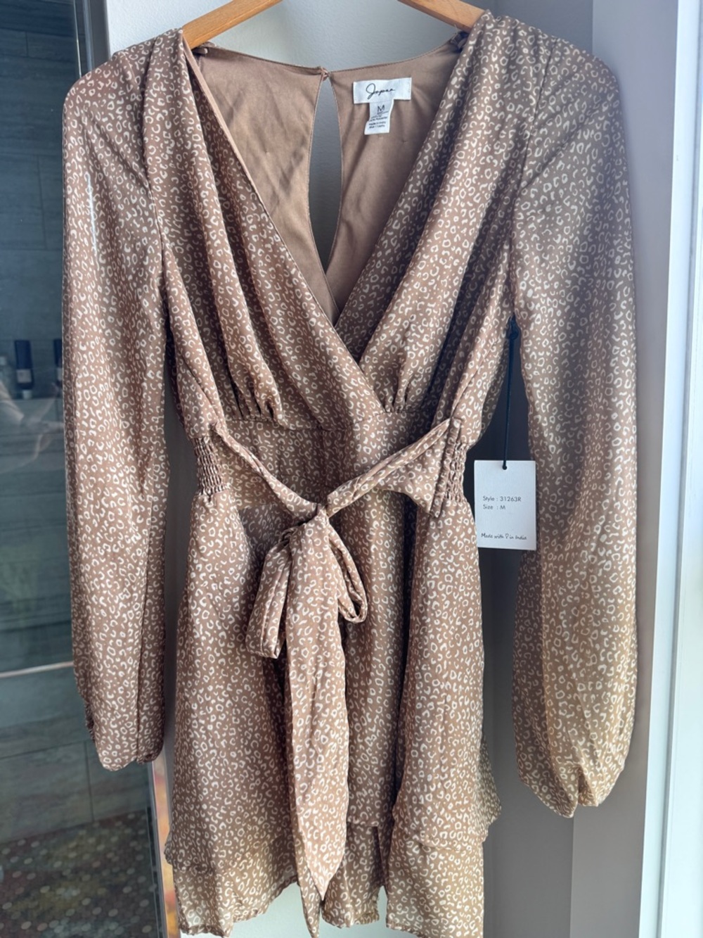 NWT Jopra Leopard Print Mini Dress Tie Back Long Sleeve Size M